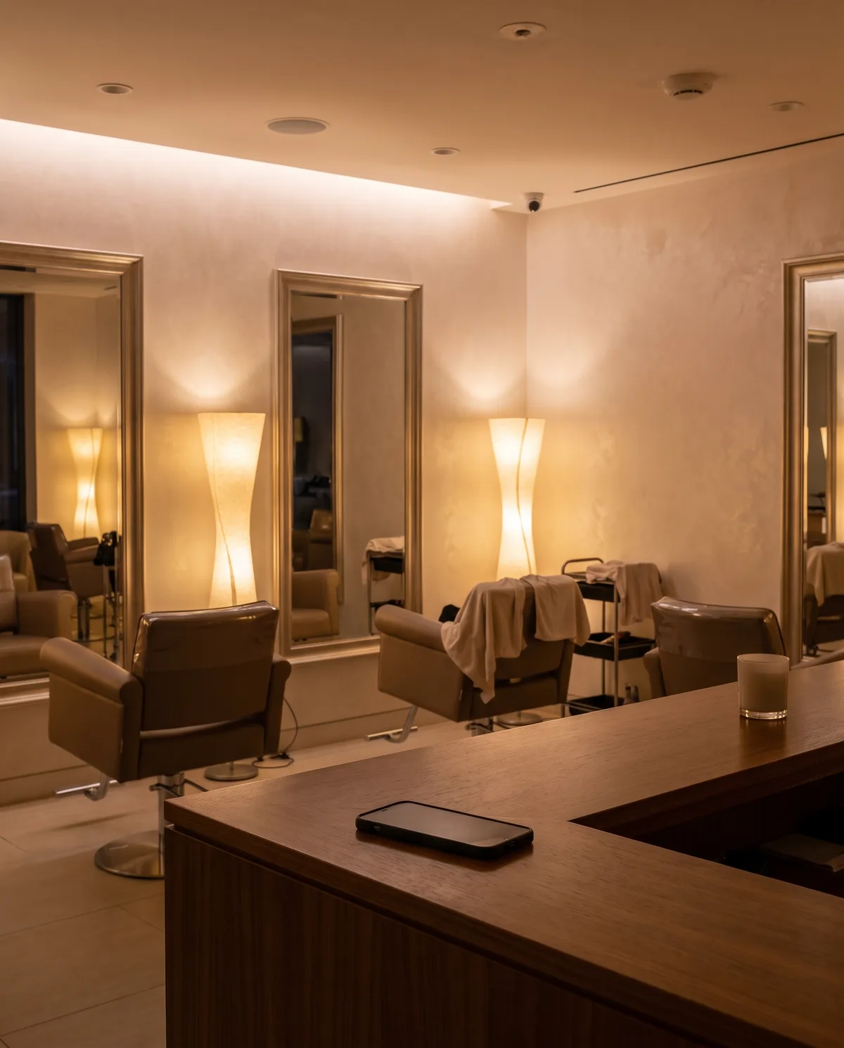 An empty salon after hours, lamps lit, a phone lying dark on the counter