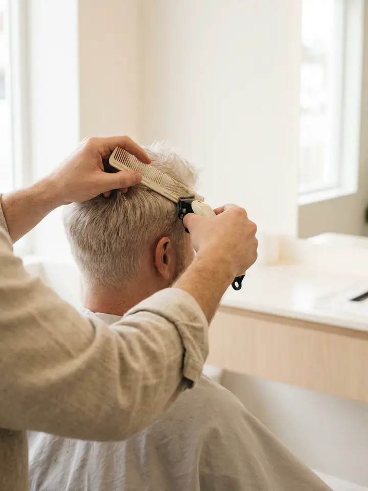 A barber working clippers and a comb along the back of a client’s head
